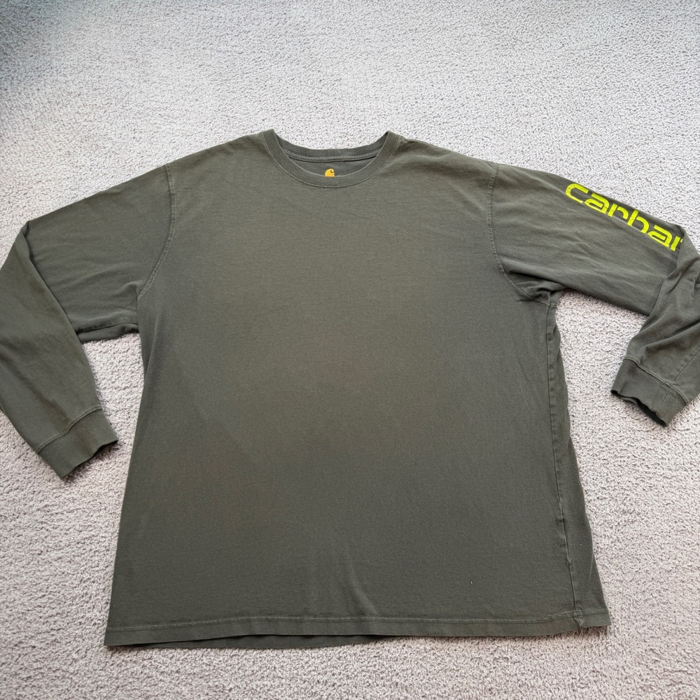 Carhartt Mens XL Long Sleeve Graphic T-Shirt Olive Green Neon Yellow Logo Logo